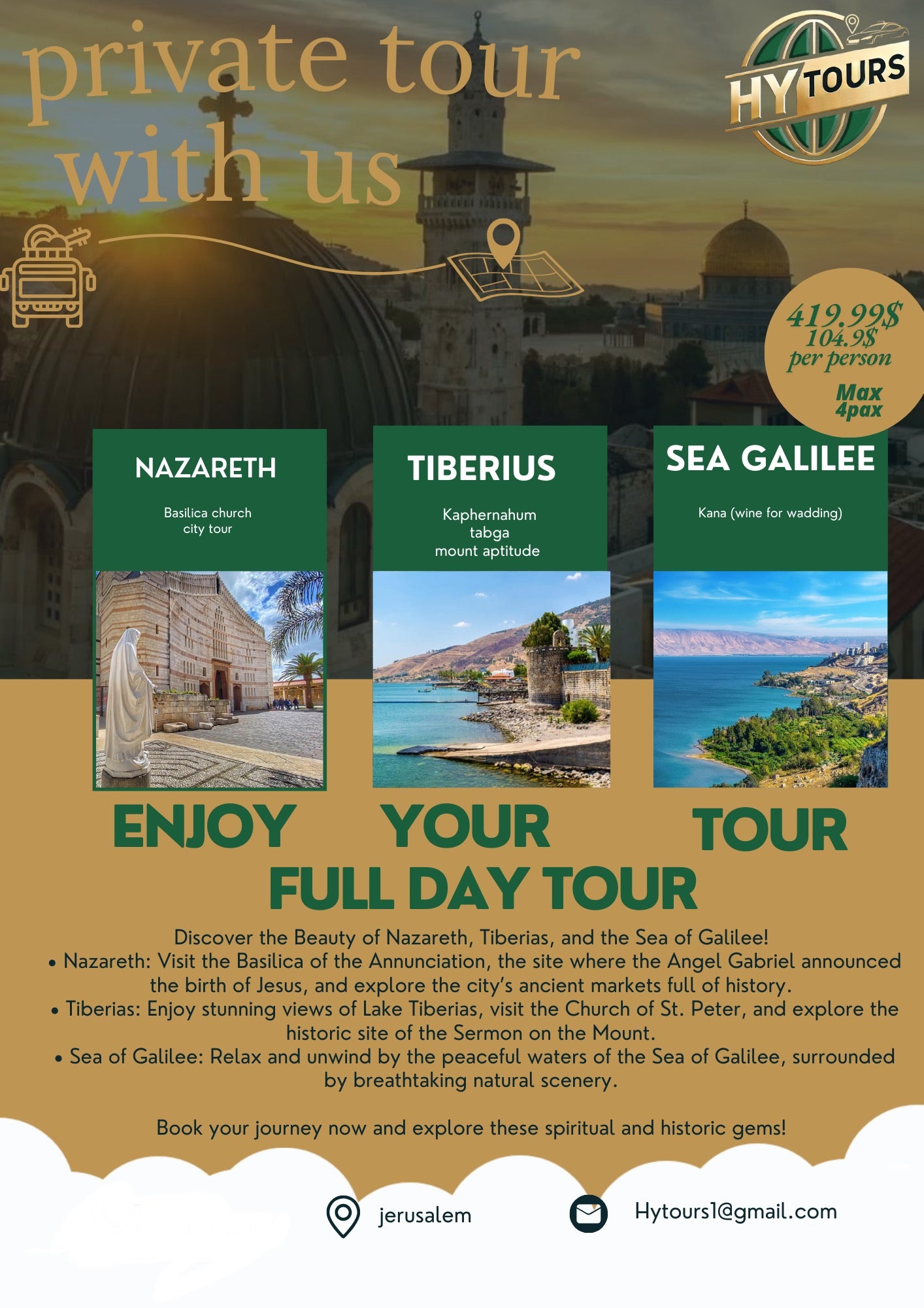 Nazareth, Tiberias,Sea Galilee (full day tour)